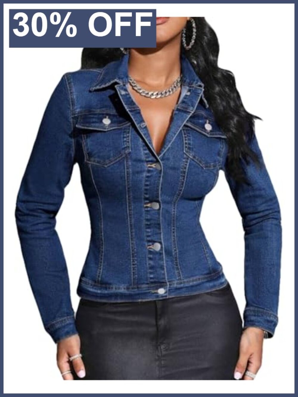 Cropped Denim Jacket Lapel Button Down Long Sleeve Slim Fitted Stretchy with